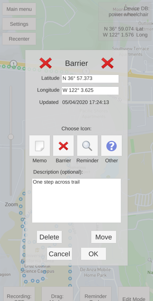 Access Map icon dialog